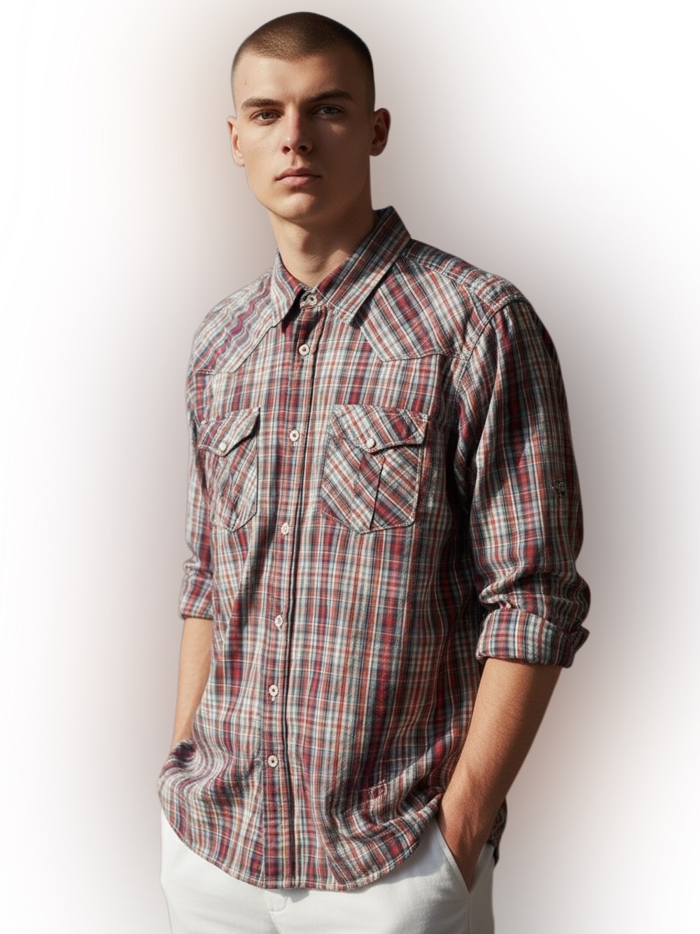PD&C Plaid Pearl Snap Western Shirt XL | Roll-Tab Sleeves Red White Gray EUC